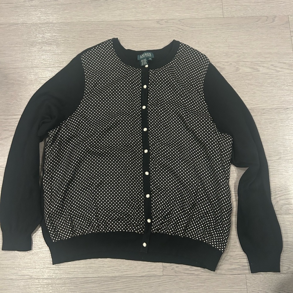 Ralph Lauren Black Cardigan Sweater with White Polka Dot Front